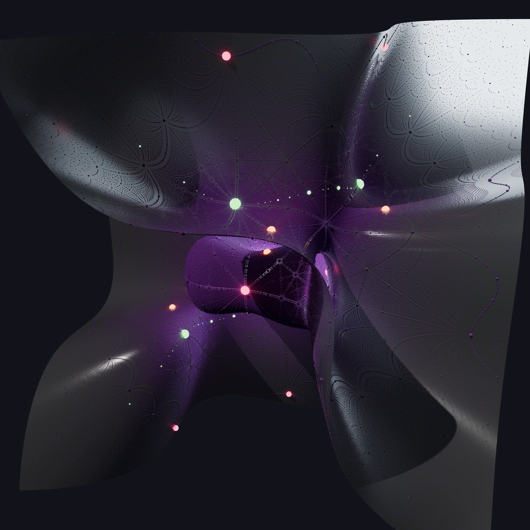 Rendering of a sextic consisting of nested sheets, projecting rational points (glowing white), cyclic-4 points (glowing orange), dihedral points (glowing green), symmetric-4 points (glowing red), and octahedral points (matte purple)