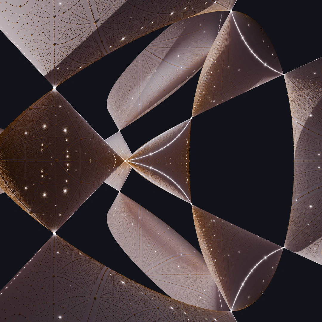 Rendering of a Kummer quartic in magenta, with orange quadratic points and glowing rational points