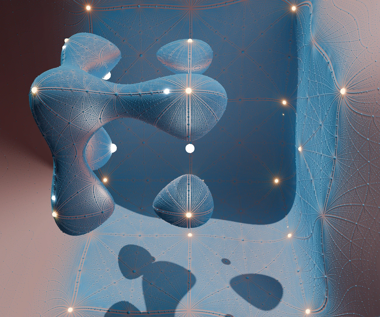 Rendering of a nodal quintic in plum, with rational points glowing white, quadratic points glowing orange, and symmetric-3 points in matte blue
