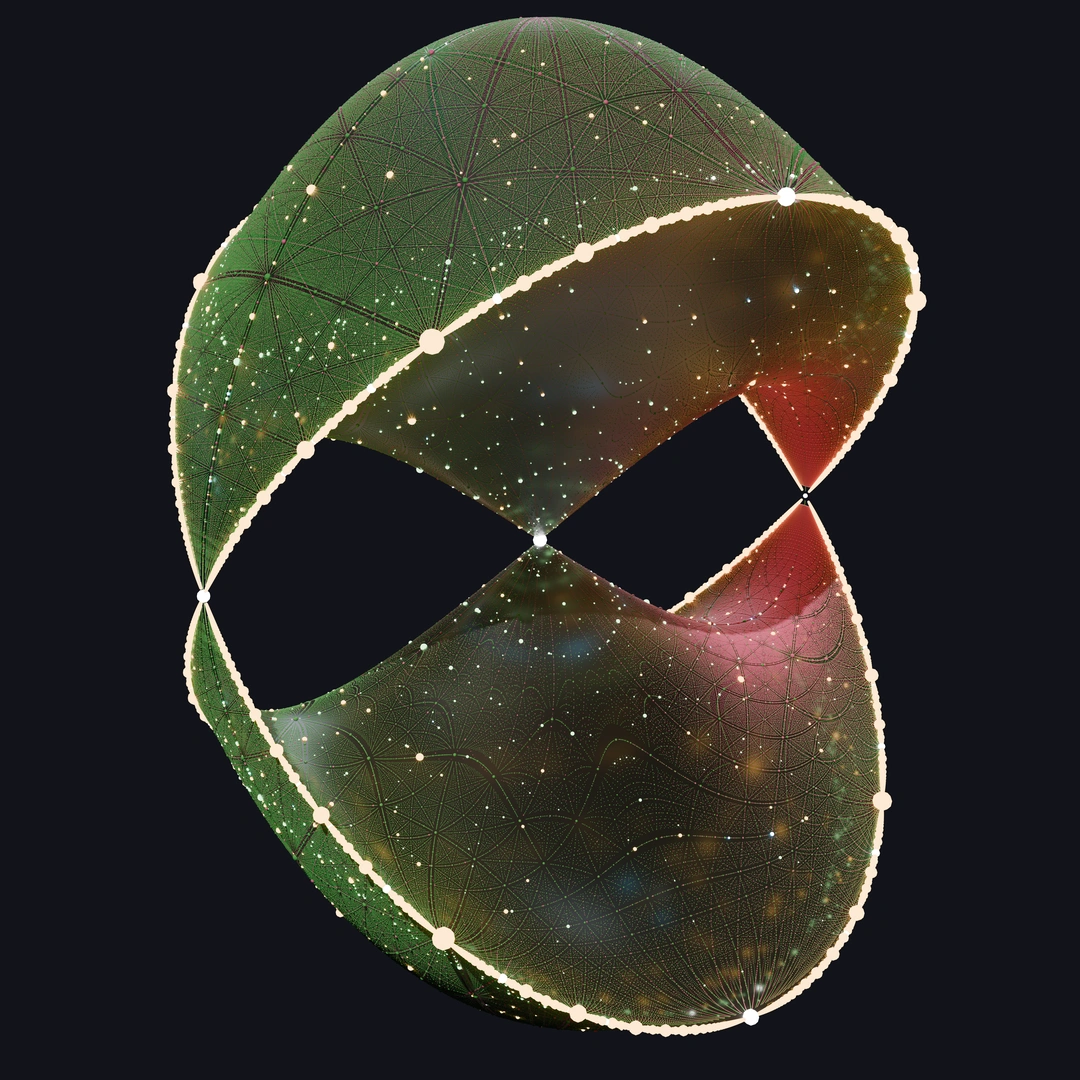 Rendering of the Crixxi sextic, projecting from the center node together with rational points (glowing white), symmetric-3 points (glowing blue), and symmetric-4 points (matte pink) projected from another node