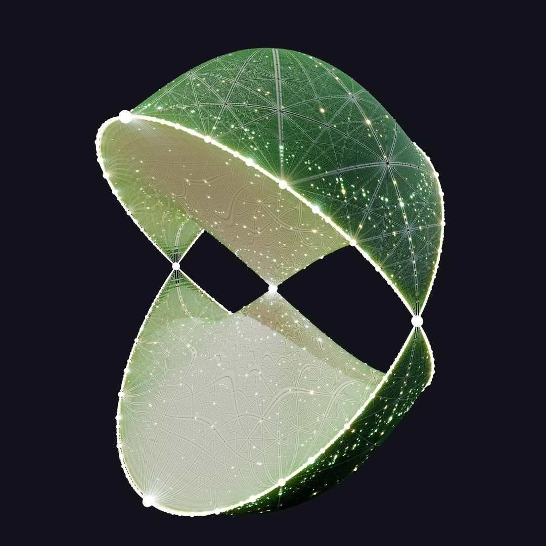 Rendering of the Crixxi sextic, projecting rational points (glowing white), quadratic points (glowing orange), Klein-4 points (glowing green), and dihedral points (matte green) from the center node