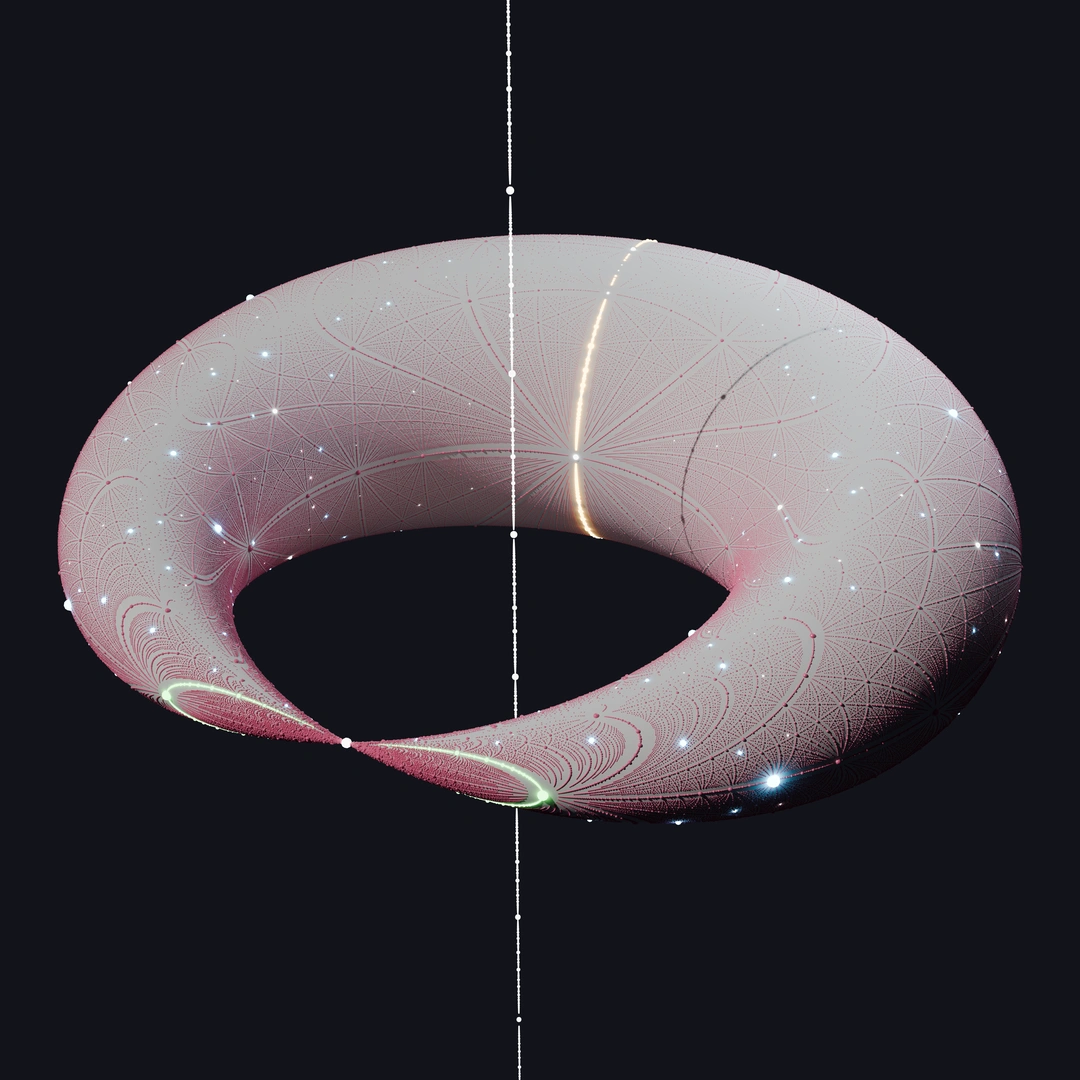 Rendering of the Croissant sextic, projecting rational points (glowing white), quadratic points (glowing orange), symmetric-3 points (glowing blue), dihedral points (glowing green), and symmetric-4 points (matte pink) from the singularity