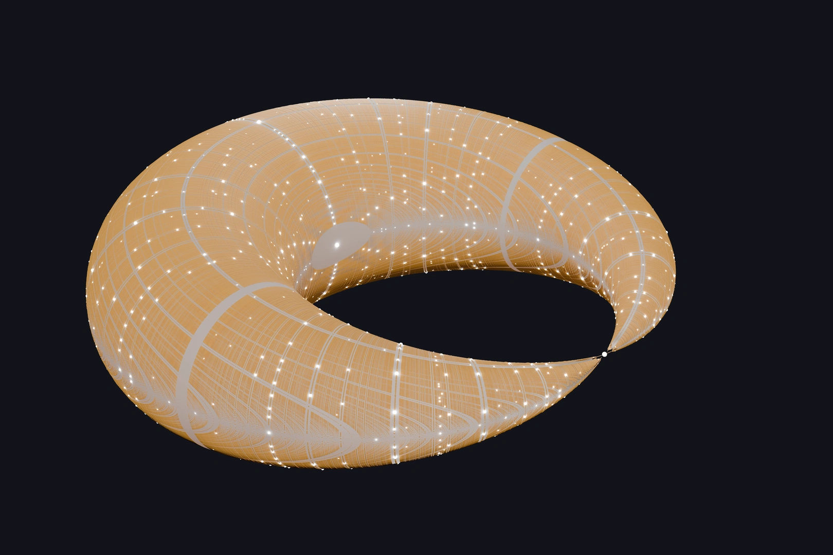 Rendering of the Croissant sextic, with rational (glowing white) and quadratic (matte orange) points swept out by rotating planes about the z-axis