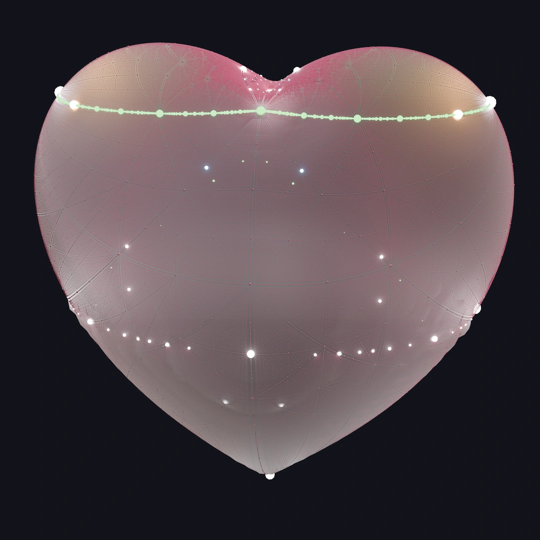 Rendering of the Taubin sextic, projecting rational points (glowing white), quadratic points (glowing orange), symmetric-3 points (glowing blue), dihedral points (glowing green), and symmetric-4 points (matte pink) from the cleft node