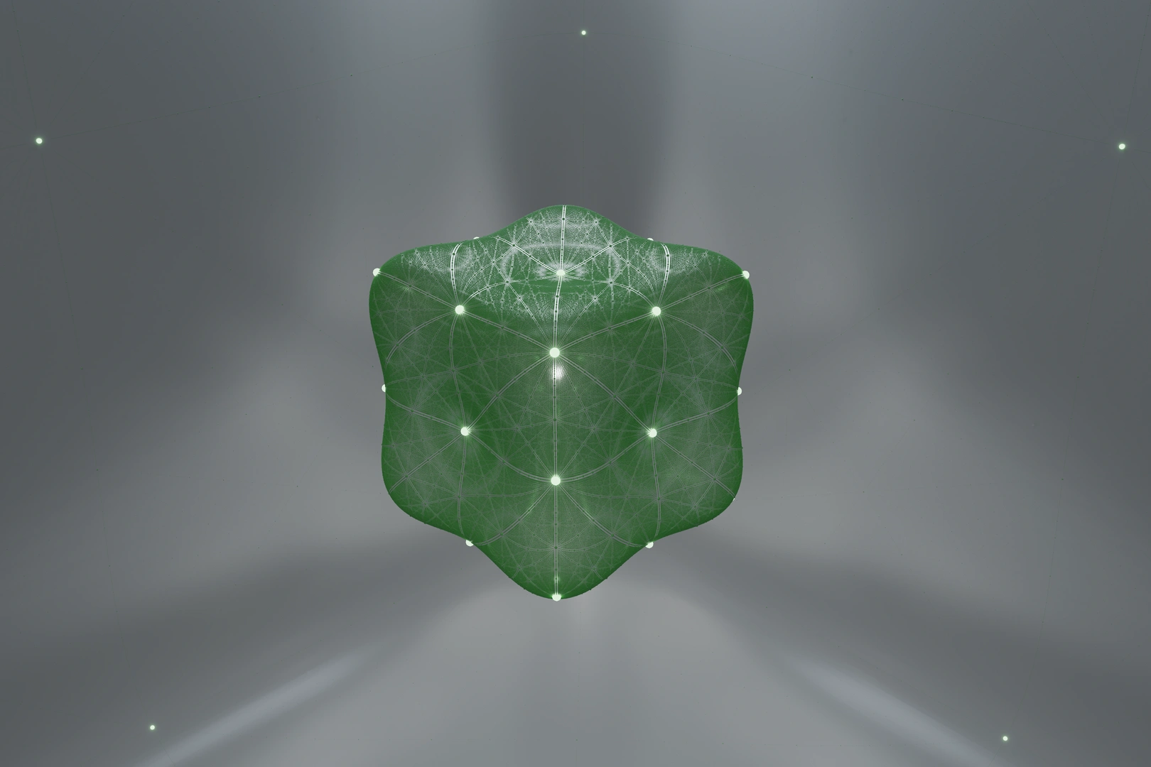 Rendering of a sextic consisting of nested sheets, projecting rational points (glowing white), Klein-4 points (glowing green), and dihedral points (matte green), with the camera between the inner and outer sheets